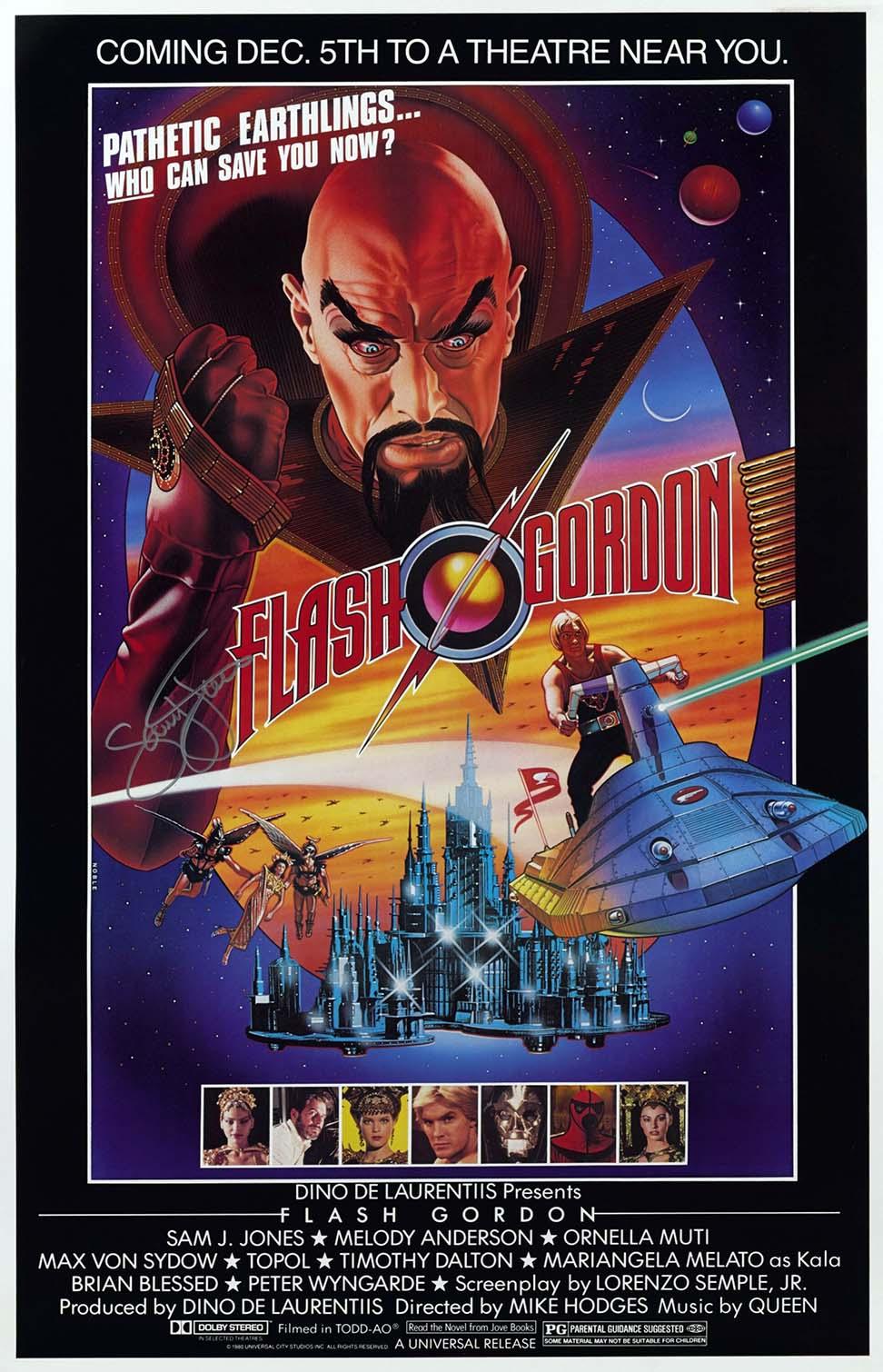 Original 1980 Flash Gordon movie poster artwork depicting Ming the Merciless looming over Flash flying a blue vehicle above a sci-fi cityscape.