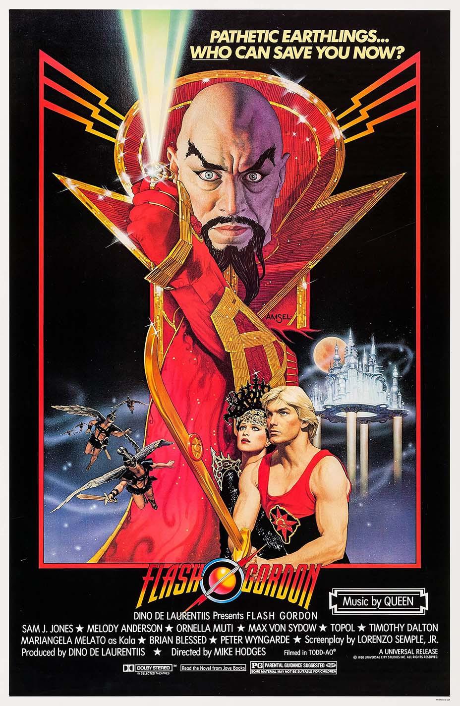 Original theatrical poster for Flash Gordon (1980) featuring Ming the Merciless towering over Flash Gordon and Dale Arden, with the Hawkmen flying below.