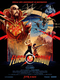Flash Gordon 1980 movie poster depicting Ming the Merciless, Flash Gordon, and Hawkmen flying over a fantasy cityscape.