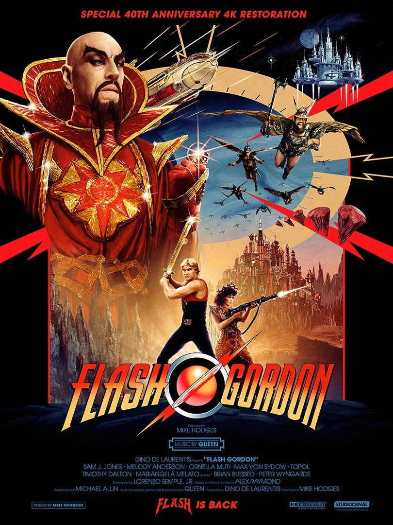 Flash Gordon 40th Anniversary poster showing Ming the Merciless, Flash, Dale Arden, and flying Hawkmen against a dramatic space backdrop.