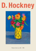 David Hockney's still life painting, "Flowers Sent as a Gift," depicting colorful blooms in a yellow lemon-filled glass vase on a blue table.