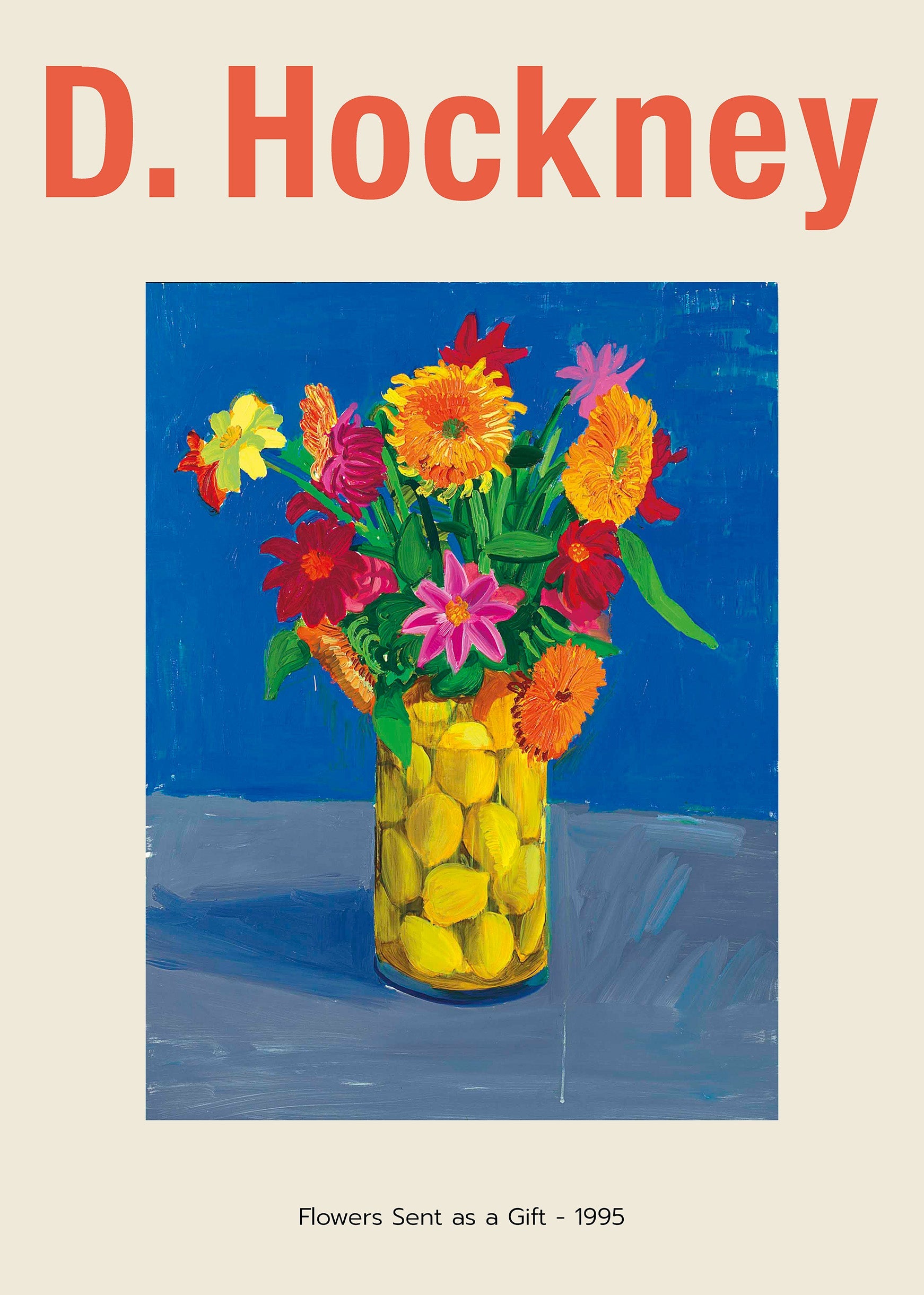 David Hockney's still life painting, "Flowers Sent as a Gift," depicting colorful blooms in a yellow lemon-filled glass vase on a blue table.
