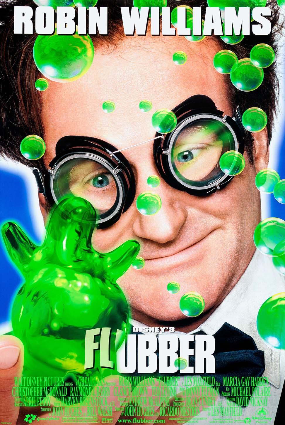 Close-up promotional movie poster for Flubber (1997) showing Robin Williams smiling through goggles, surrounded by green Flubber bubbles.