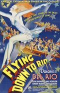 Dramatic Art Deco poster for the 1933 film Flying Down to Rio, showing a blonde woman flying over dancers on airplane wings against a starry blue background.