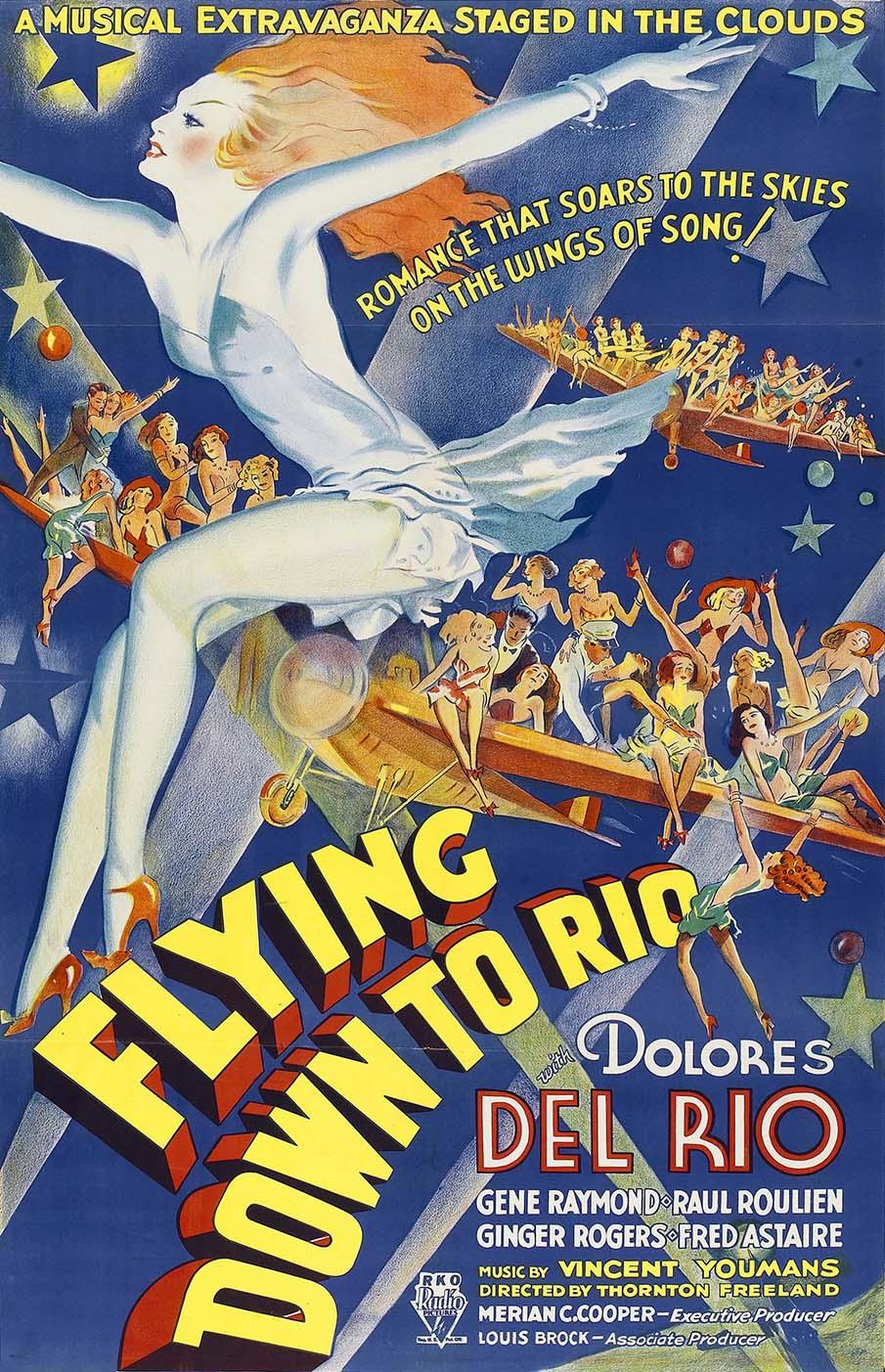 Vintage poster for the 1933 film Flying Down to Rio, showing a large woman flying over biplanes carrying dancers, in Art Deco style.