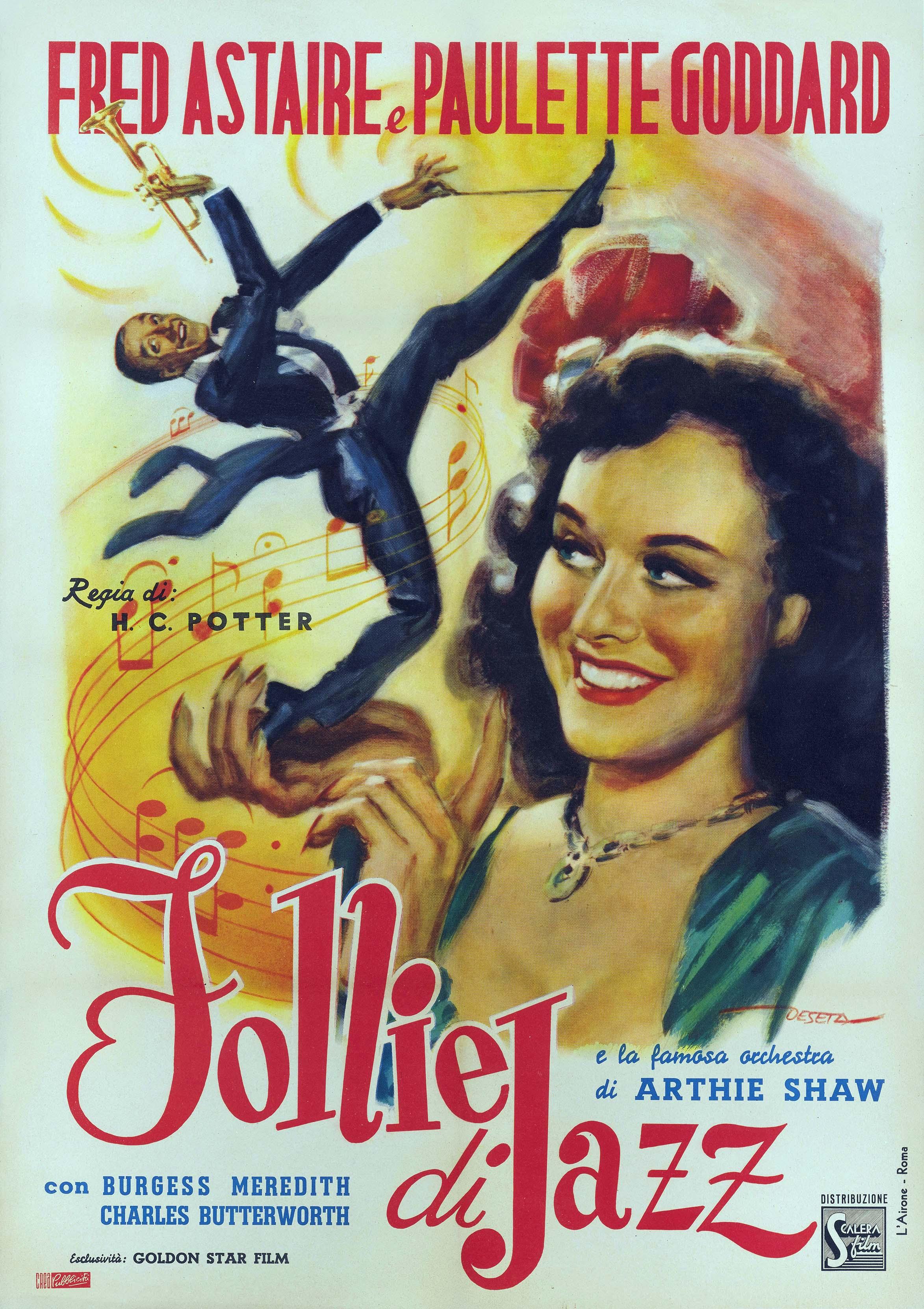 Vintage Italian movie poster for Follie di Jazz (Second Chorus) showing Fred Astaire leaping with a trumpet, set against a smiling portrait of Paulette Goddard, surrounded by musical notes.