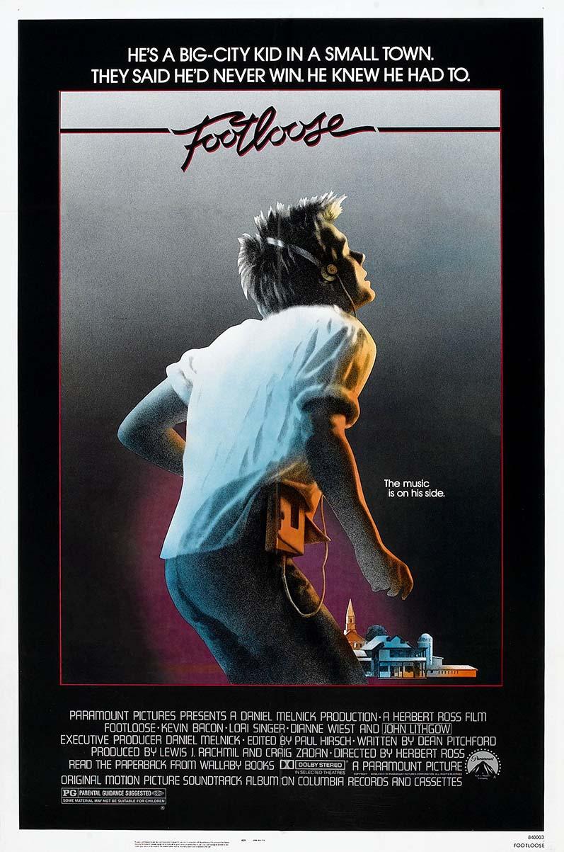 Footloose movie poster showing Ren McCormack (Kevin Bacon) listening to a Walkman, looking up dramatically in 80s style art.