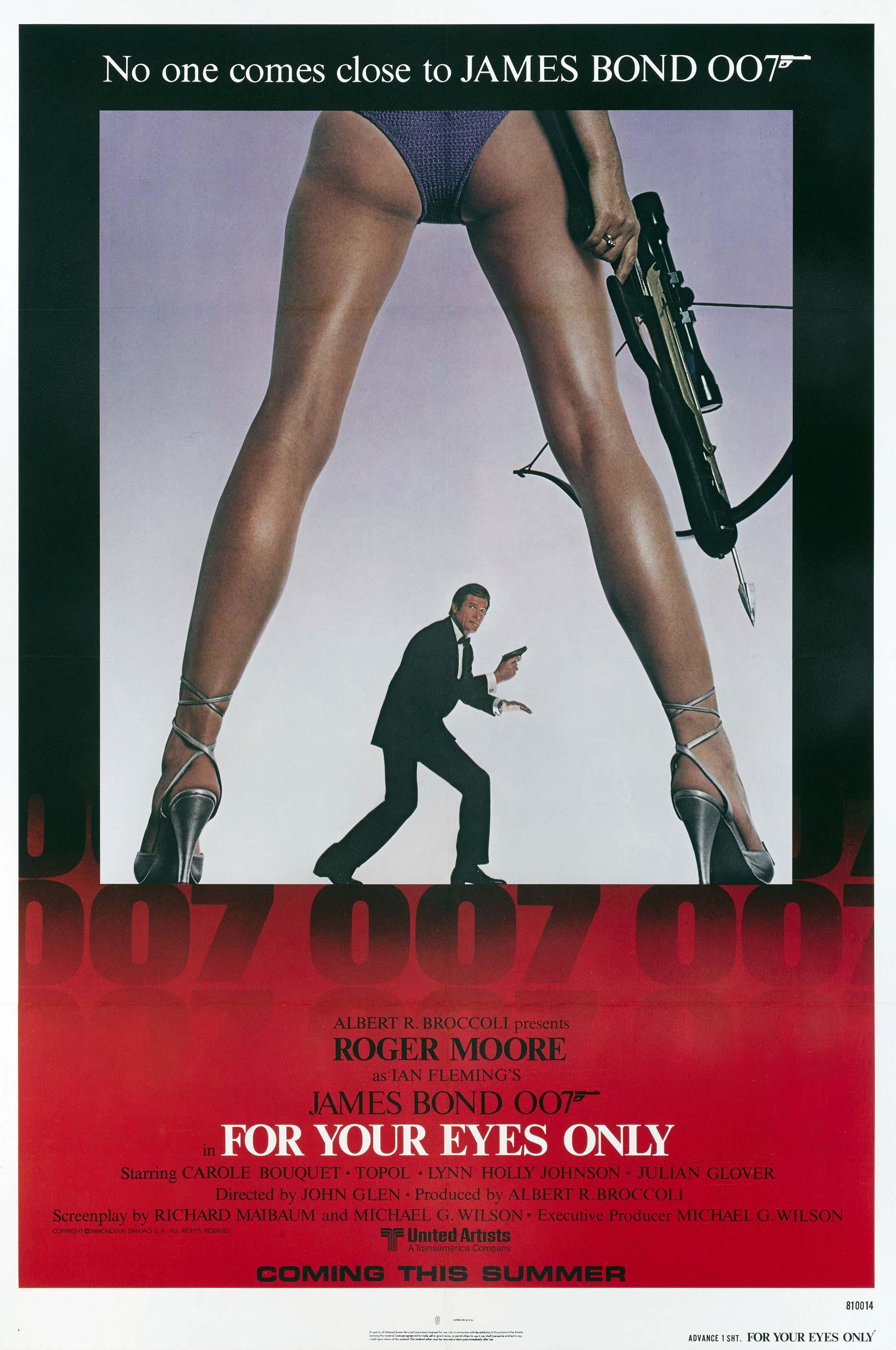 Original 1981 For Your Eyes Only movie poster showing Roger Moore holding a pistol between the legs of a woman holding a crossbow.