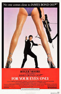 Iconic James Bond movie poster for For Your Eyes Only (1981) showing Roger Moore in a tuxedo framed by a woman's legs and a crossbow on a pink background.