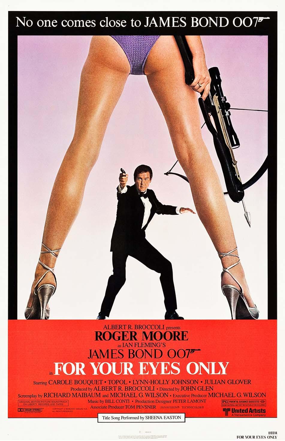 Iconic James Bond movie poster for For Your Eyes Only (1981) showing Roger Moore in a tuxedo framed by a woman's legs and a crossbow on a pink background.