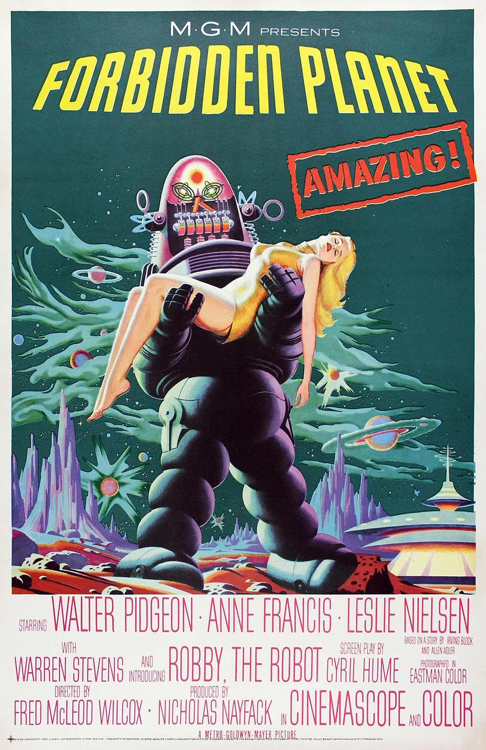 Iconic original poster art for Forbidden Planet (1956) showing Robby the Robot carrying Altaira Morbius on a vibrant alien landscape and mysterious planet.