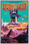 Retro sci-fi poster of Forbidden Planet with giant robot, alien landscape, spaceship, and bold typography