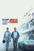 Matt Damon and Christian Bale walking past the Ford GT40 and race track grandstands in the official Ford v Ferrari movie poster.