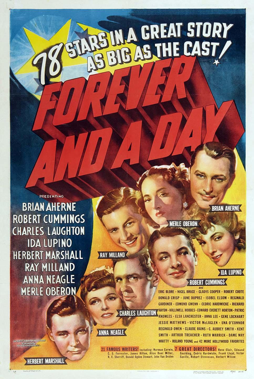 Vintage movie poster for Forever and a Day (1943) featuring a collage of 1940s Hollywood stars like Ida Lupino and Charles Laughton beneath large 3D red title text.