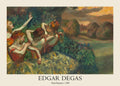 Edgar Degas painting of four ballerinas in red tutus against a dark green and orange sunset background, circa 1899.