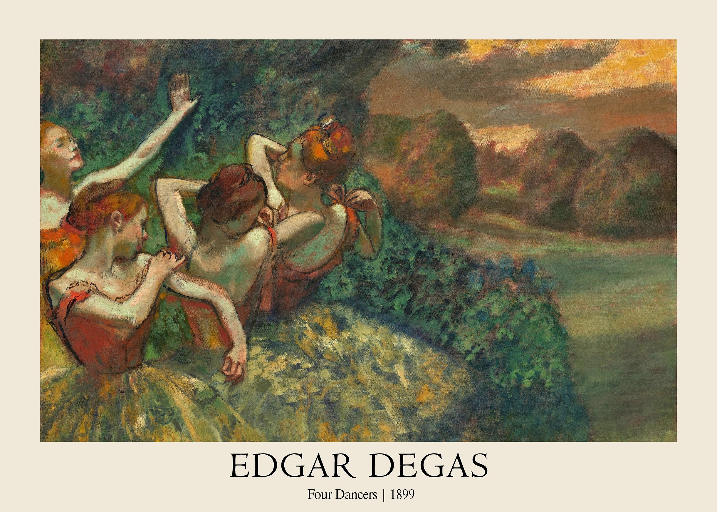 Edgar Degas painting of four ballerinas in red tutus against a dark green and orange sunset background, circa 1899.