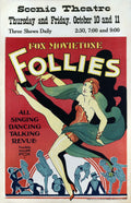 Vintage poster for Fox Movietone Follies (1929) showing a dramatically lit Art Deco dancer in a high kick pose over smaller musicians.