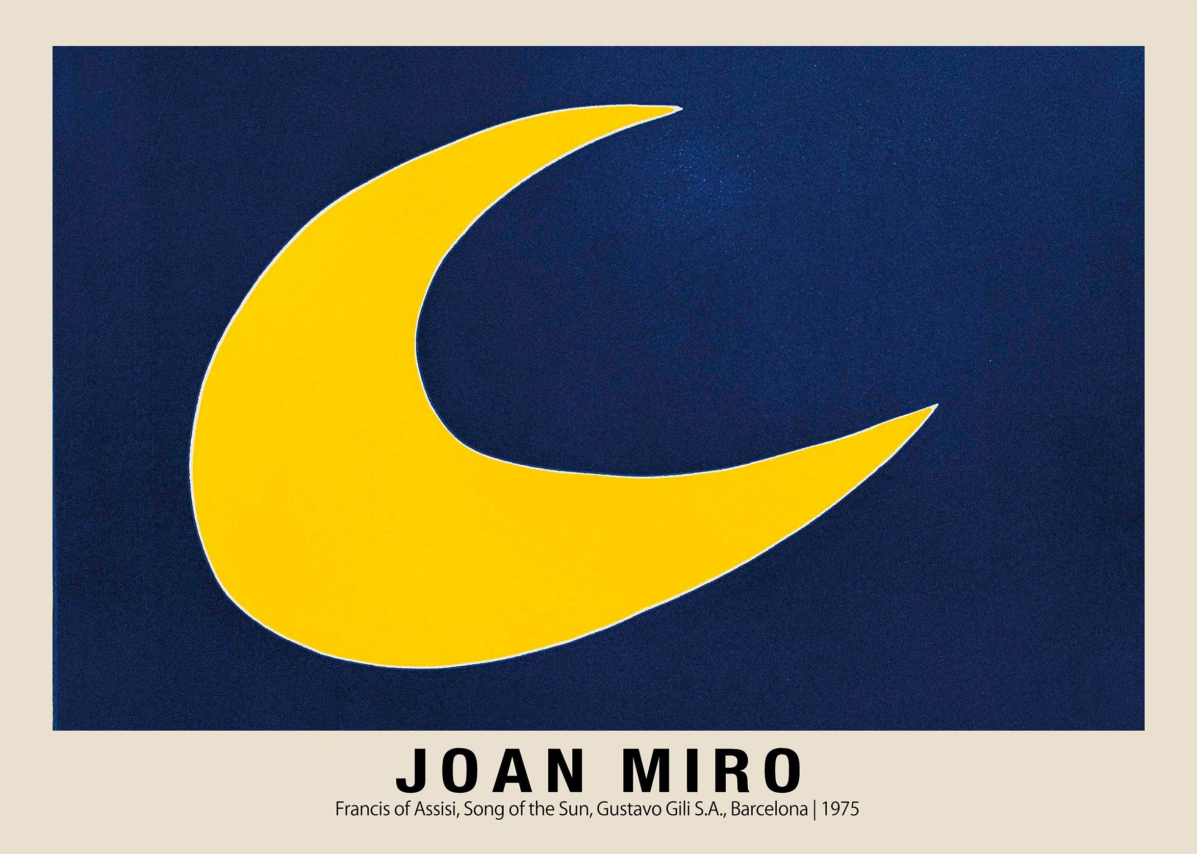 Joan Miró abstract 1975 artwork featuring a large, brilliant yellow crescent shape on a rich navy blue background.