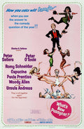 Original 1965 theatrical poster for What's New Pussycat, featuring Peter Sellers, Woody Allen, and an ensemble cast in a chaotic, colorful illustration on a pink background.