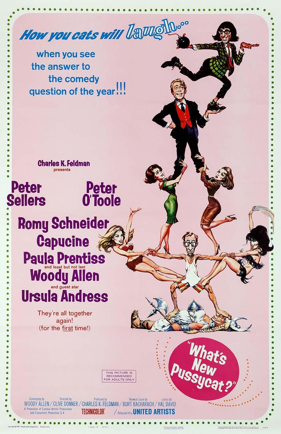 Original 1965 theatrical poster for What's New Pussycat, featuring Peter Sellers, Woody Allen, and an ensemble cast in a chaotic, colorful illustration on a pink background.