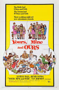 1968 Yours, Mine and Ours movie poster featuring Lucille Ball and Henry Fonda overwhelmed by their large blended family in a chaotic, colorful illustration.