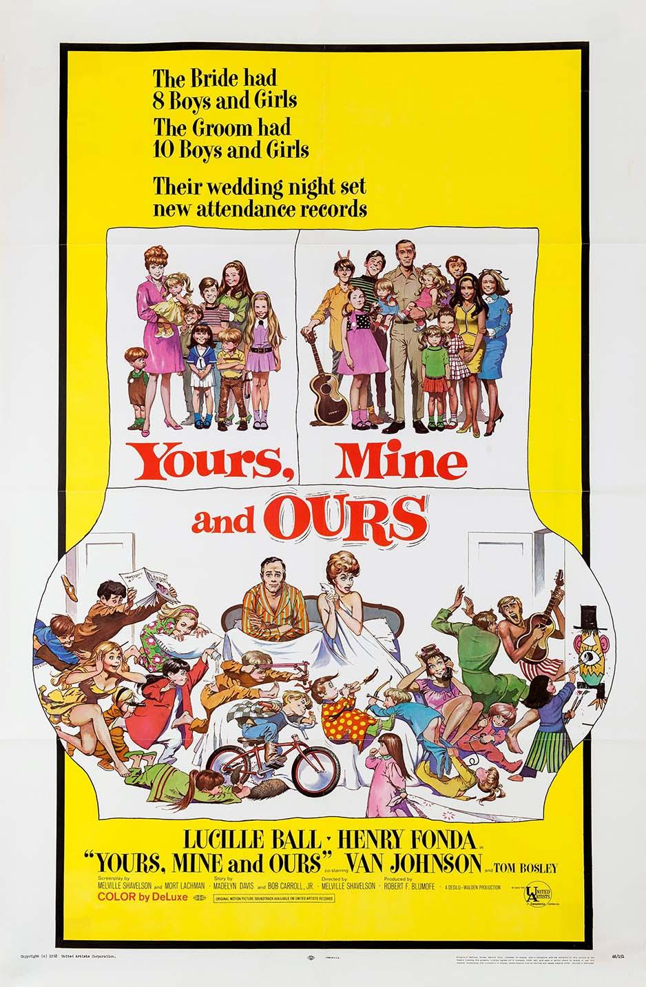 1968 Yours, Mine and Ours movie poster featuring Lucille Ball and Henry Fonda overwhelmed by their large blended family in a chaotic, colorful illustration.