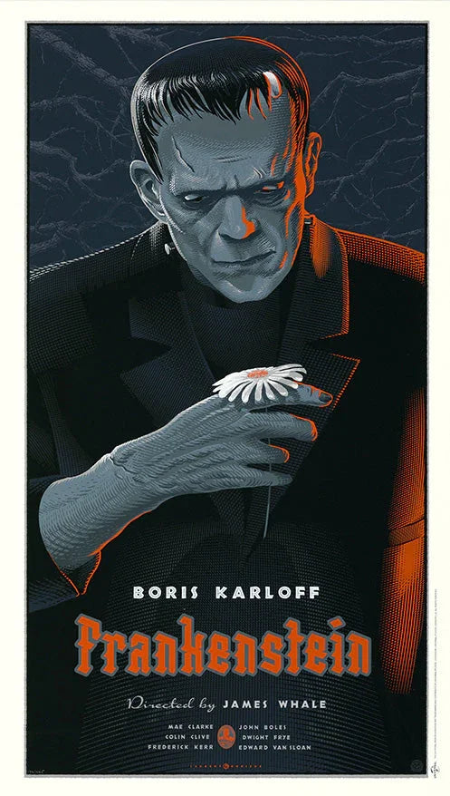 Illustrated poster of Frankenstein monster holding a white flower, dark background, bold orange text