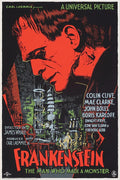 Vintage Frankenstein movie poster featuring monster's profile and scientist in eerie lab with equipment