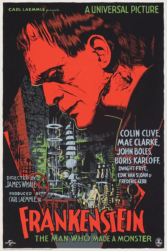 Vintage Frankenstein movie poster featuring monster's profile and scientist in eerie lab with equipment
