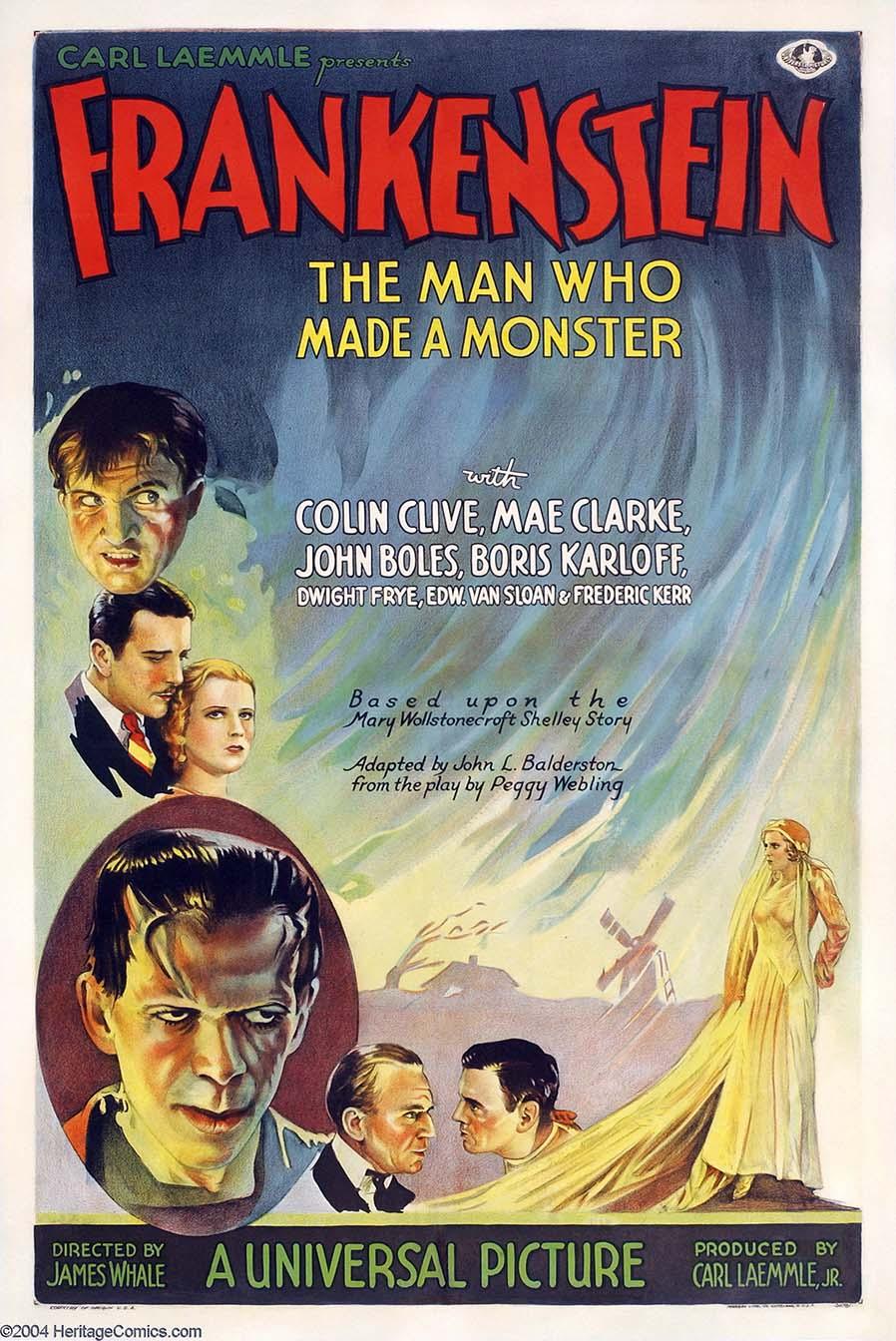 Original theatrical poster for Frankenstein (1931) featuring Boris Karloff's Monster and the main cast, set against a dark, stormy landscape.