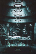 Frankenstein movie poster showing scientist in lab with electric coils and creature on table in dark laboratory
