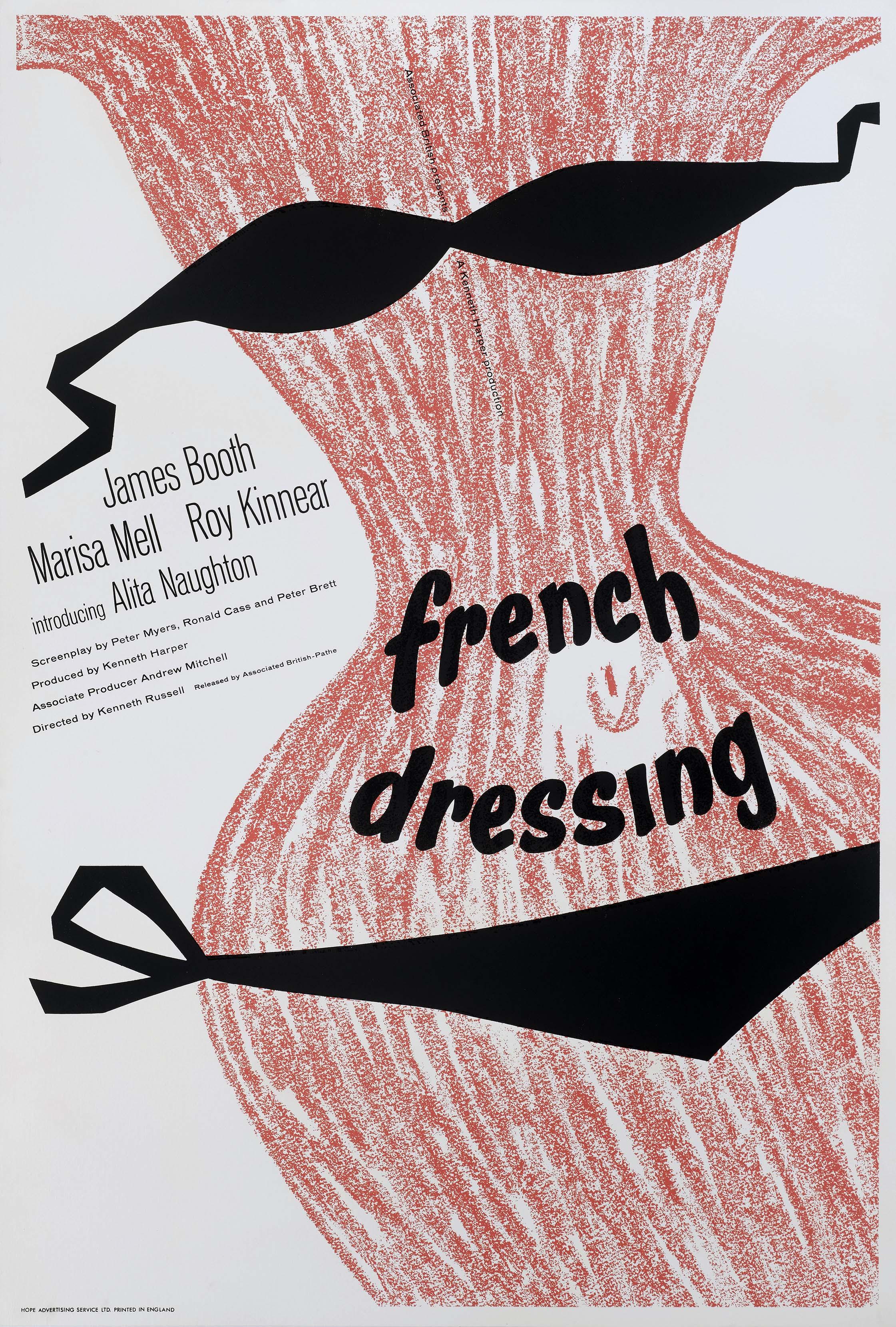 Abstract poster for the 1963 film French Dressing, featuring a red crayon-textured torso outline and a stylized black bikini silhouette.