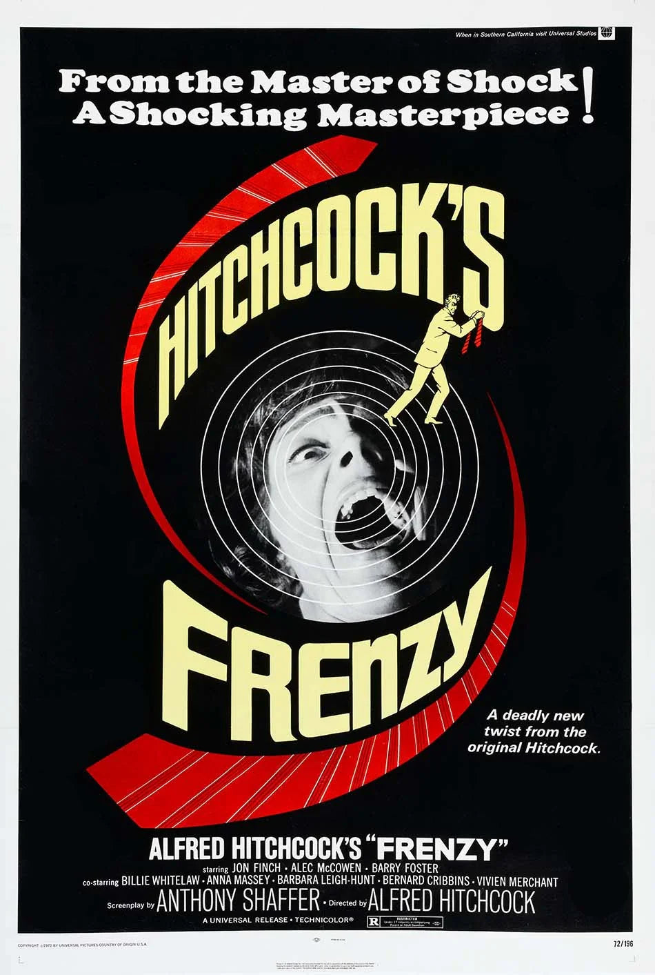 Original 1972 movie poster for Alfred Hitchcock's Frenzy, showing a screaming face framed by target rings and a man holding a red tie on a black background.