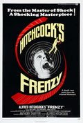 Original theatrical poster for Alfred Hitchcock's Frenzy (1972) featuring the screaming victim and the iconic swirling graphic with the director figure.