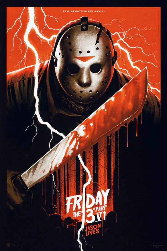Friday the 13th Part VI Jason Lives movie poster featuring masked Jason with bloodied machete and lightning