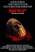 Classic horror movie poster for Friday the 13th: The Final Chapter, featuring Jason Voorhees' bloodied hockey mask in darkness and a pool of blood.