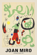 Abstract art print by Joan Miró from 1947, showing black outlines, red, yellow, and blue shapes, and light green swirls on a pale beige background.