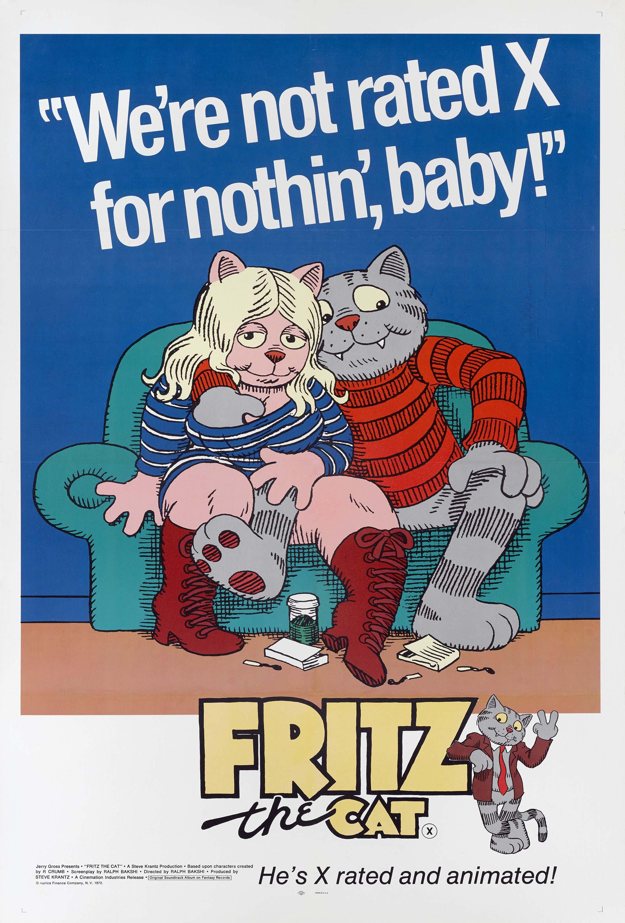 Original 1972 Fritz the Cat movie poster showing the animated grey cat embracing a blonde female cat on a blue couch, featuring the explicit X-rated quote.