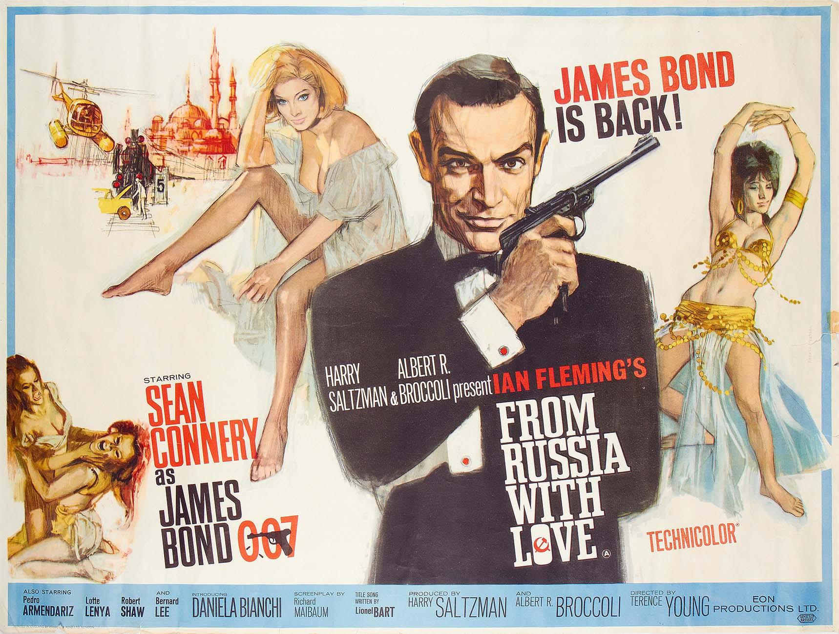Sean Connery as James Bond 007 holding a gun in the iconic From Russia With Love original theatrical movie poster design, surrounded by Bond girls.