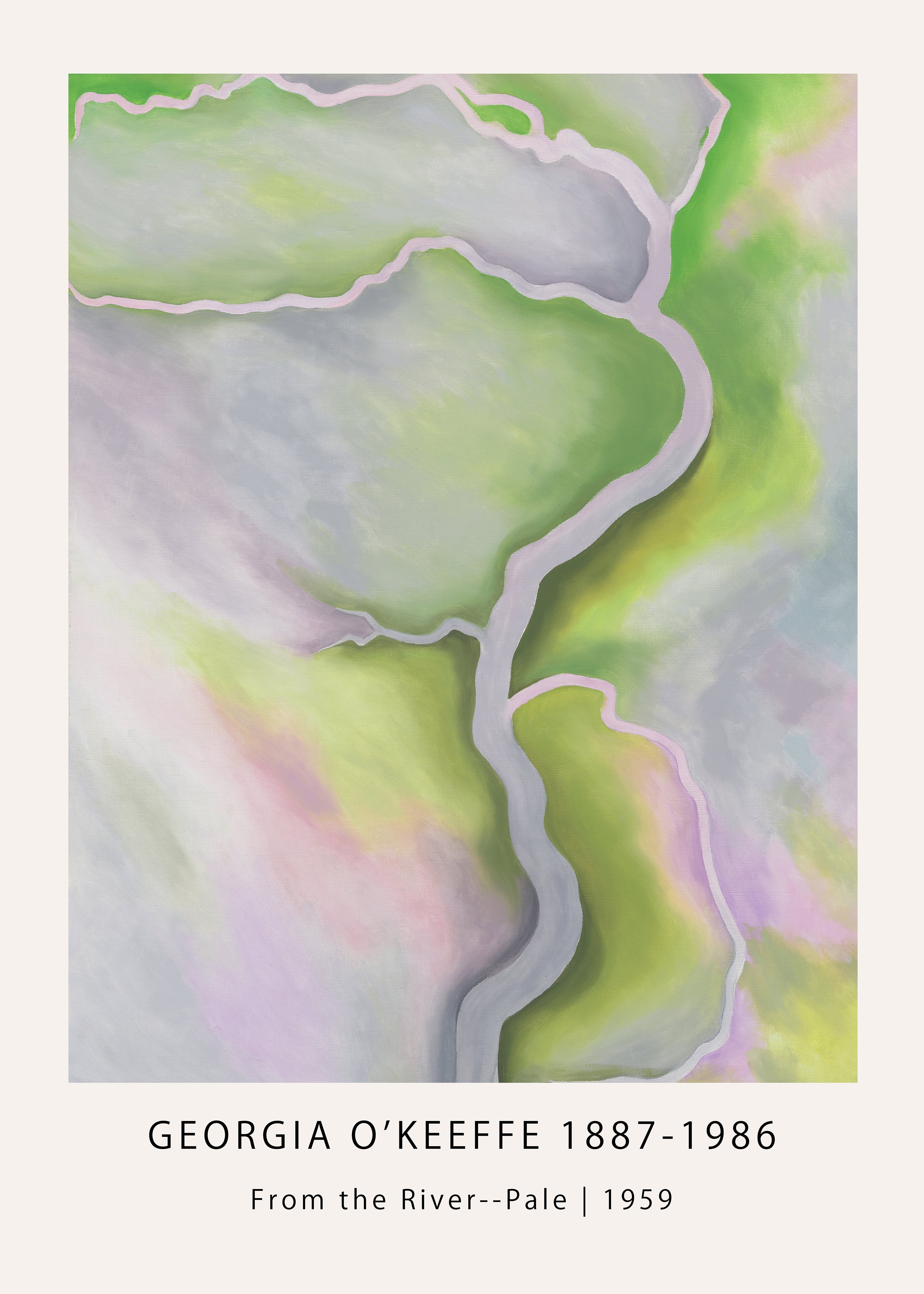 Abstract painting by Georgia O'Keeffe, "From the River--Pale," featuring flowing pale green, lavender, and gray shapes resembling a river landscape.