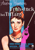 Classic 1961 German movie poster featuring Audrey Hepburn as Holly Golightly in black, wearing a pink glove and holding a cigarette holder.