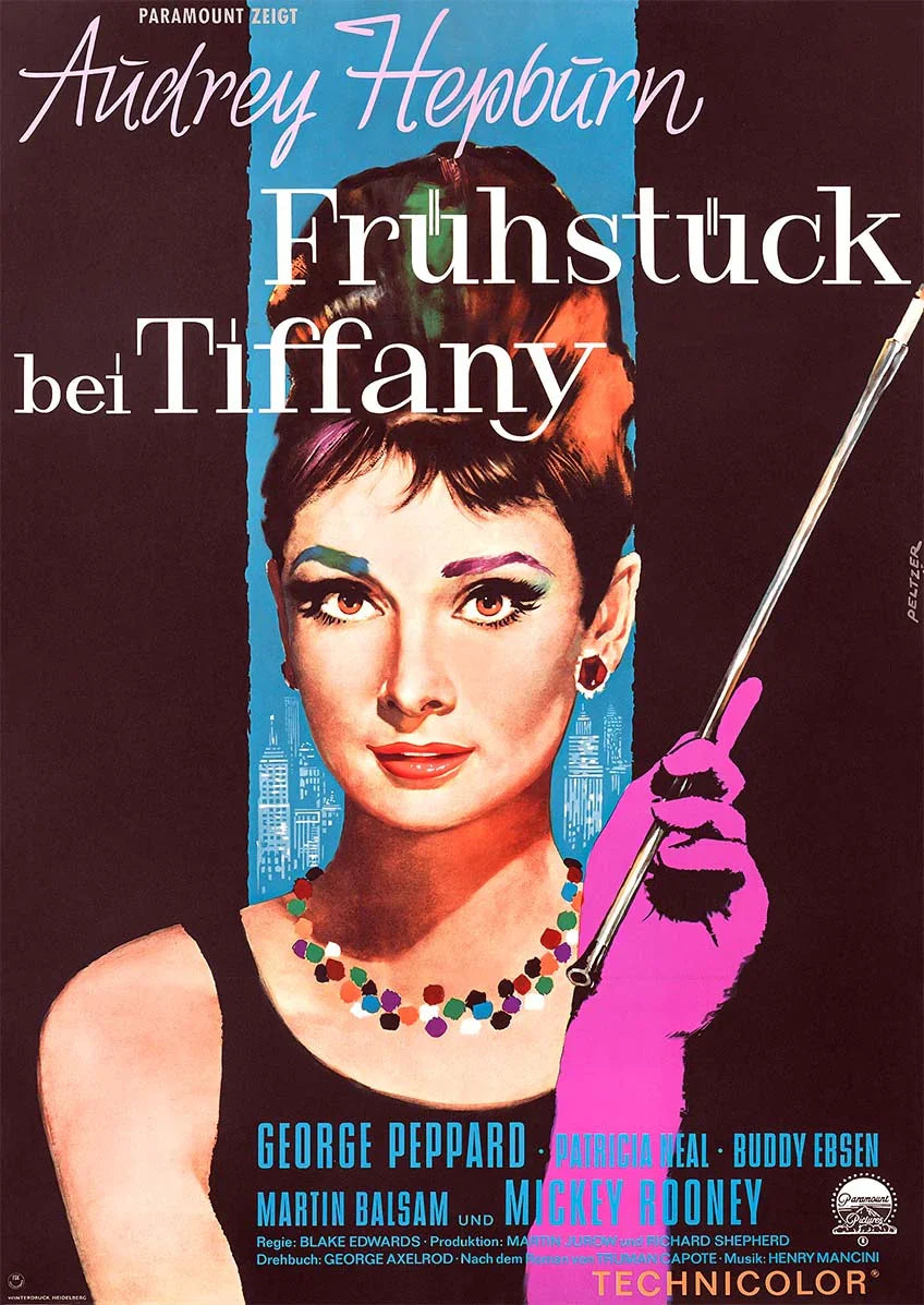 Audrey Hepburn as Holly Golightly in the German Breakfast at Tiffany's poster, featuring bright pink glove and colorful necklace illustration.