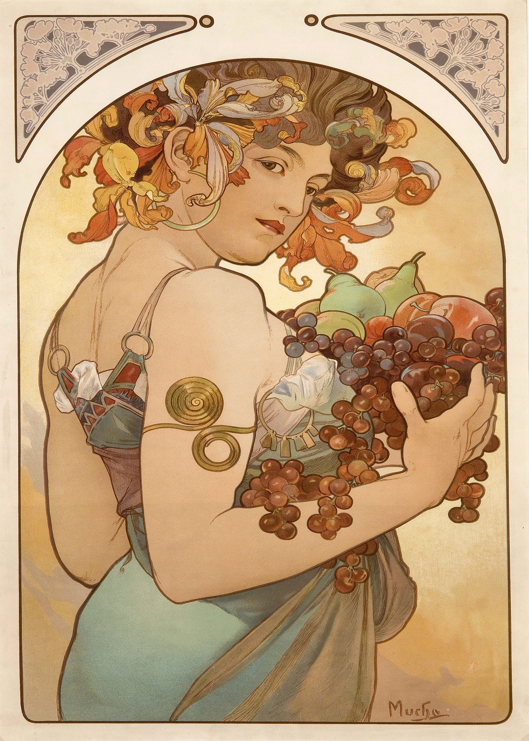 Art Nouveau lithograph by Alphonse Mucha depicting a beautiful female figure holding a basket overflowing with grapes and fruit.