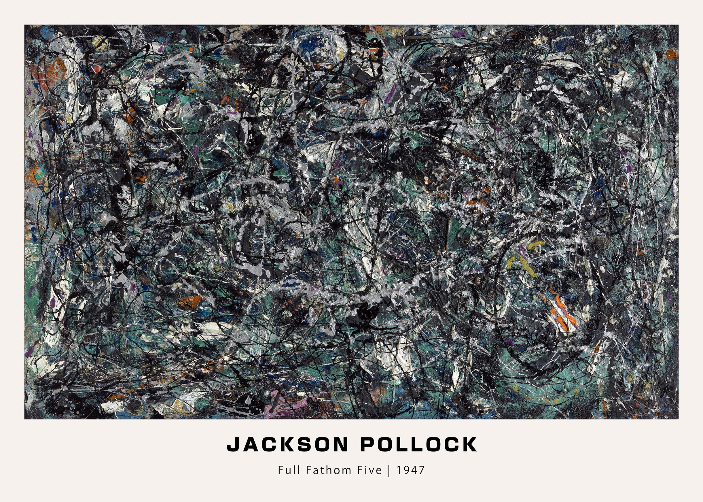Jackson Pollock's "Full Fathom Five" abstract art, featuring black, white, and teal paint layered in a dense, drip-style composition from 1947.