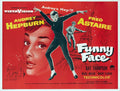 Original Funny Face 1957 movie poster featuring a large close-up of Audrey Hepburn and a dancing silhouette of Fred Astaire against a vibrant red backdrop of Paris landmarks.
