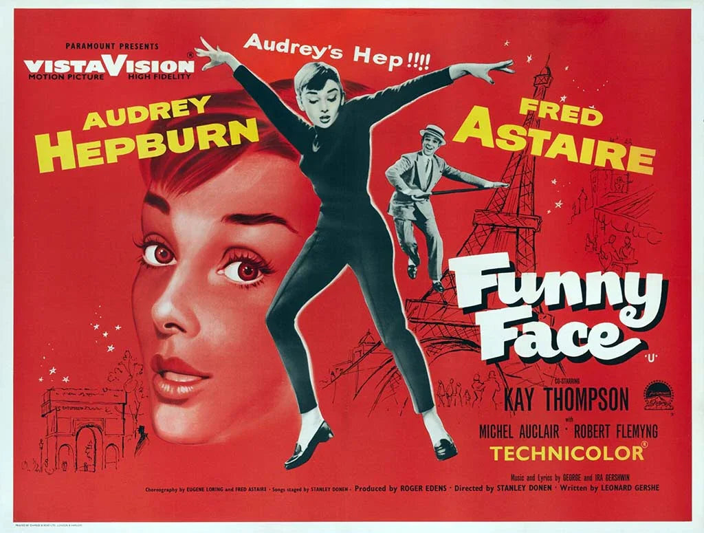 Original movie poster for Funny Face showing Audrey Hepburn dancing in black attire and Fred Astaire against a red backdrop with the Eiffel Tower.