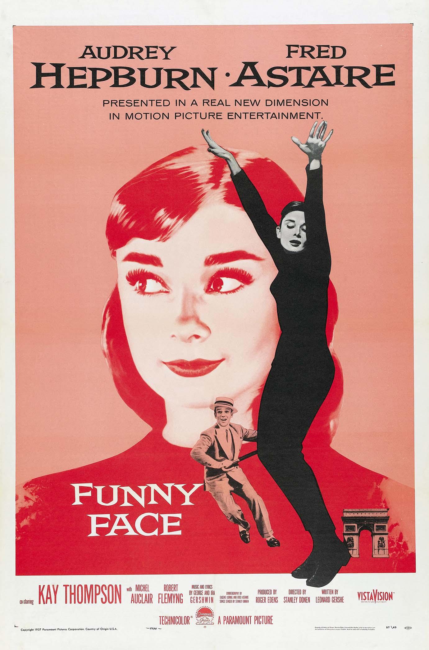 Original Funny Face movie poster showing Audrey Hepburn striking a dramatic pose in black, with a small image of Fred Astaire dancing below.