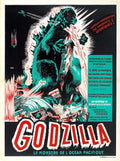 Vintage French movie poster for Godzilla (1954), showing the giant teal Kaiju attacking a city and crushing a train against a dramatic black and red background.
