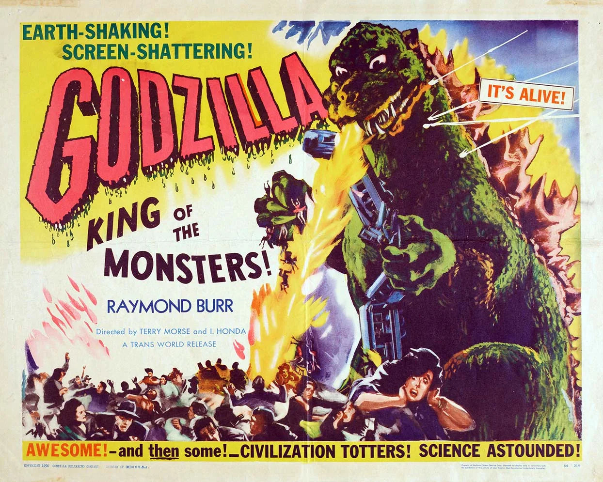 Classic 1956 American release movie poster for Godzilla, King of the Monsters! showing the giant reptile attacking a city while breathing fire, terrifying civilians.