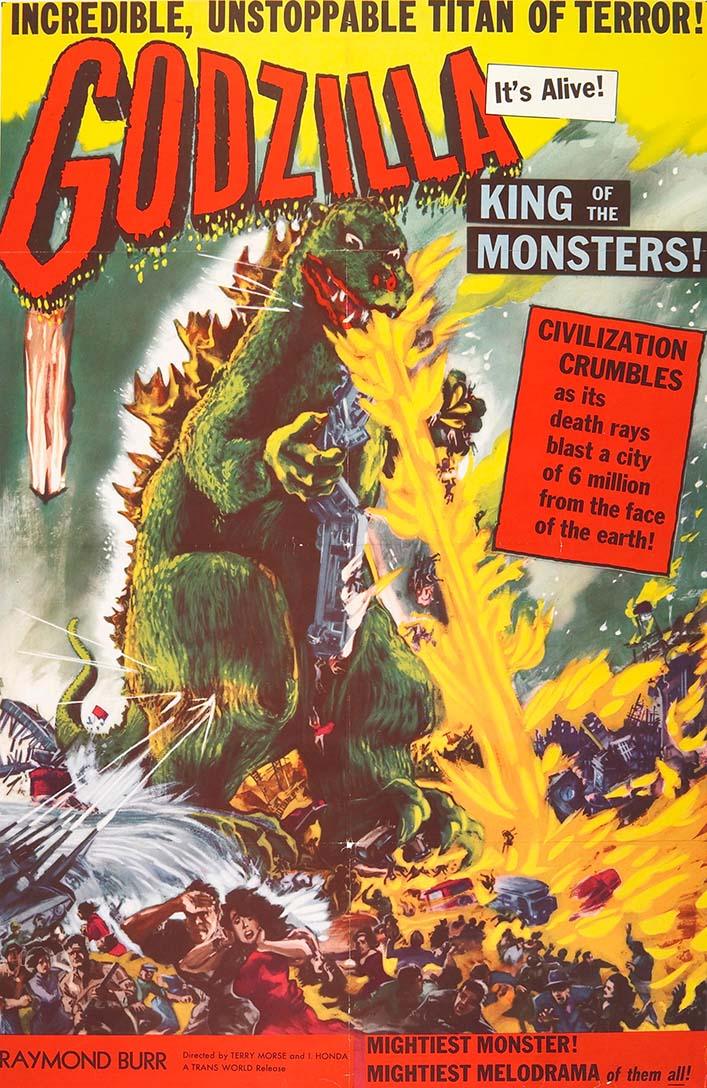 Godzilla, the King of the Monsters, featured on the highly collectible 1956 Transworld vintage movie poster, destroying a city with atomic fire.